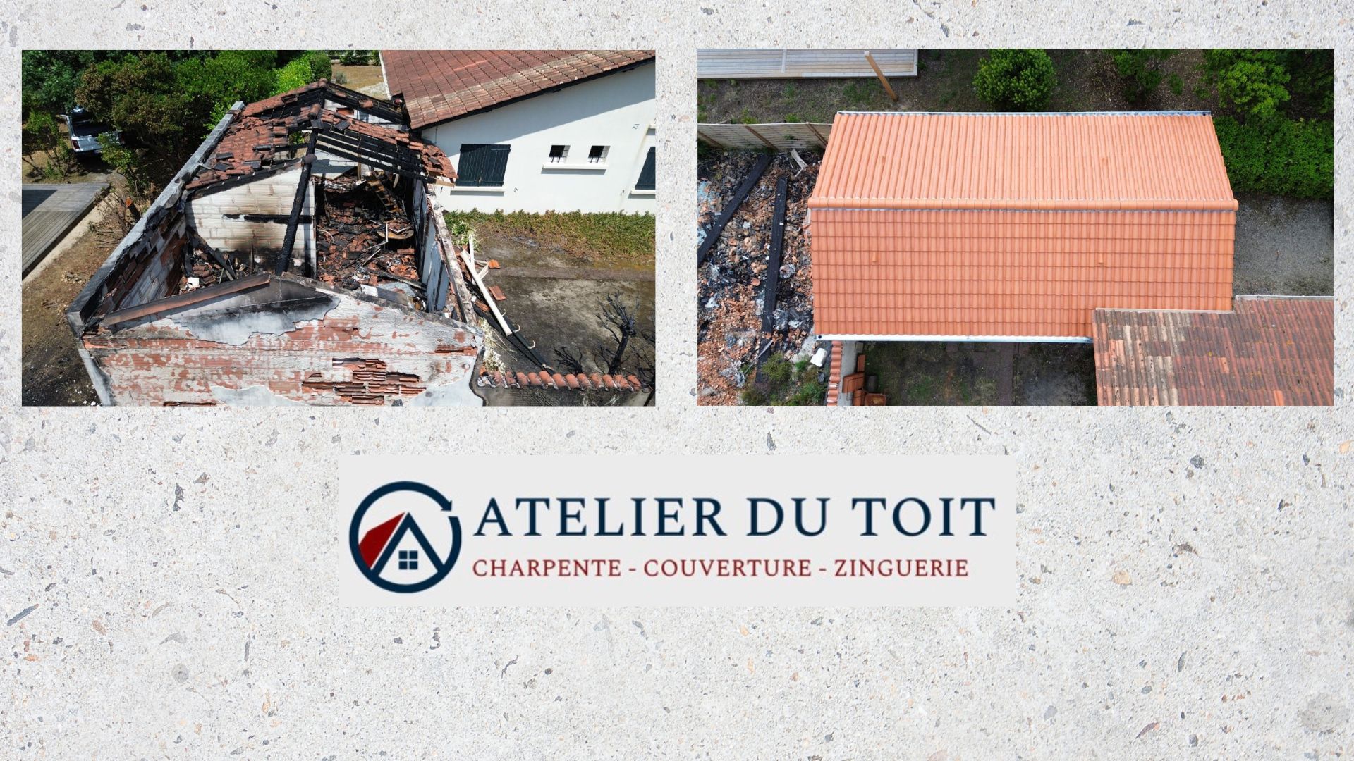 Avant et après reconstruction d’une toiture endommagée par un incendie